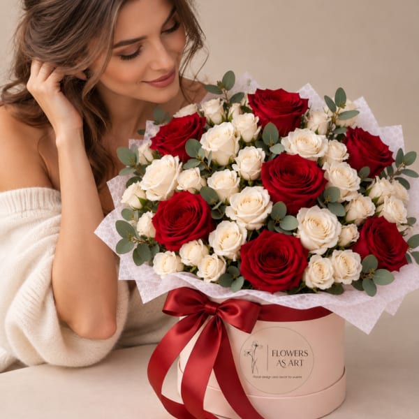 Red and white roses in a pink hat box with a red ribbon