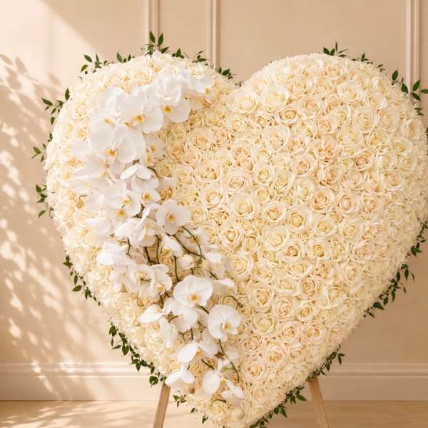 Heart-shaped arrangement of white roses with cascading white orchids