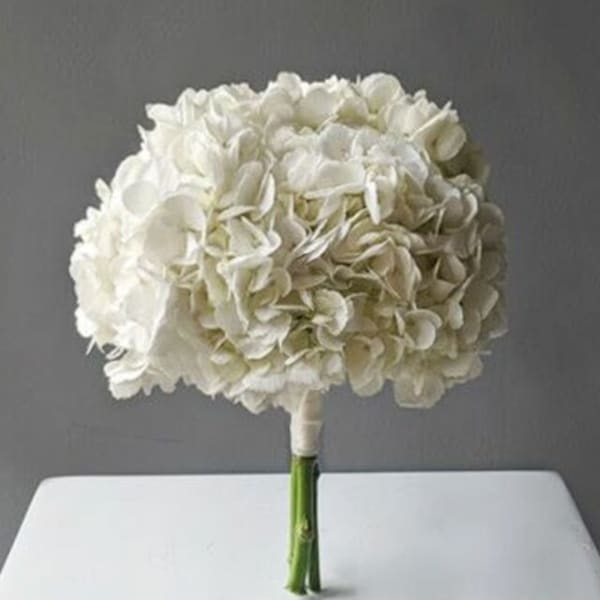 White hydrangea bouquet with a wrapped stem