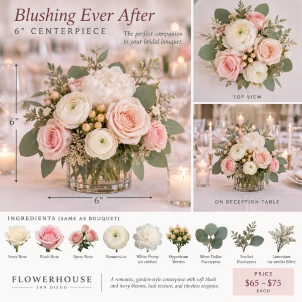 Blush and ivory wedding centerpiece in a clear glass vase