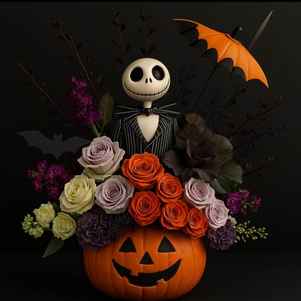 Halloween floral arrangement with roses and a Jack Skellington figure in a pumpkin