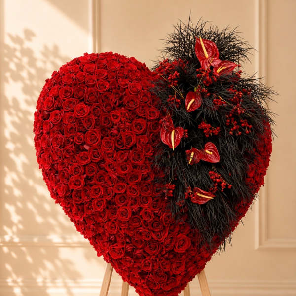 Heart-shaped red rose arrangement on a wooden stand