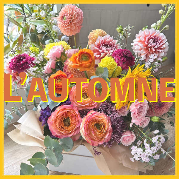 Mixed bouquet of orange, pink, yellow, and purple flowers wrapped in paper