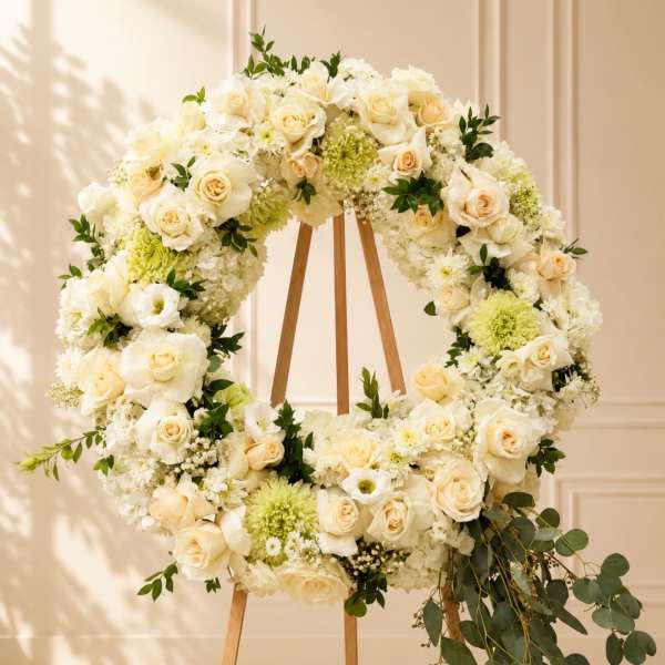 Cream floral wreath on a wooden easel with trailing greenery