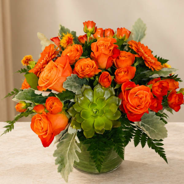 Orange roses and gerbera daisies in a glass vase with a green succulent accent