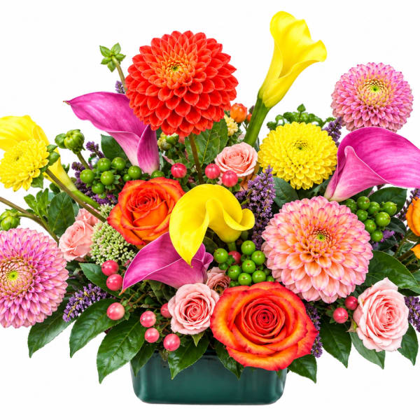 Colorful mixed bouquet with calla lilies, dahlias, roses, and a green vase