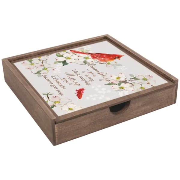 Wooden tray with a floral printed lid and a cardinal illustration