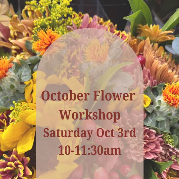 Mixed autumn flowers with an overlaid workshop announcement
