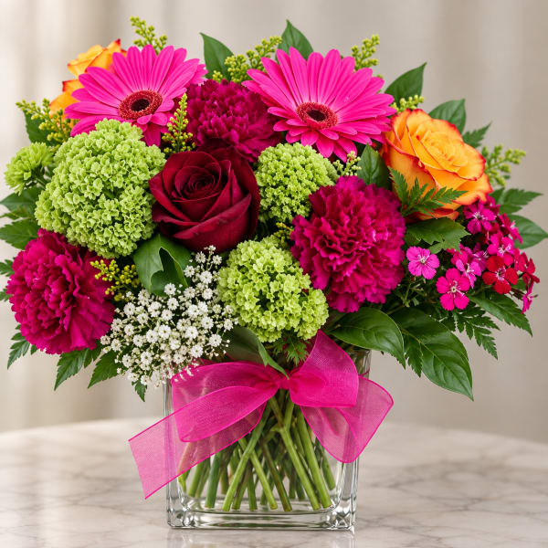 Bright mixed bouquet in a clear glass vase with a pink ribbon