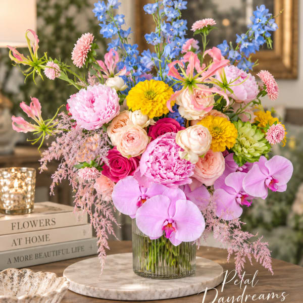 Colorful bouquet in a glass vase with orchids, roses, peonies, and blue flowers