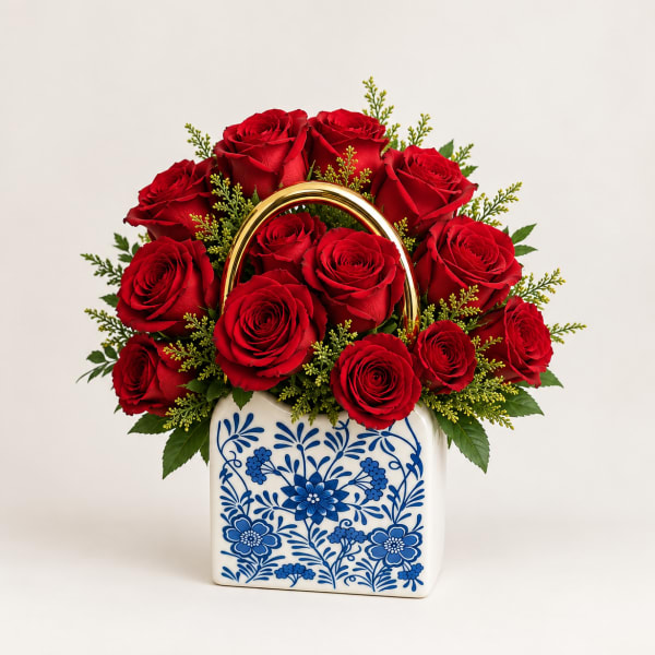 Red roses arranged in a blue-and-white ceramic handbag vase