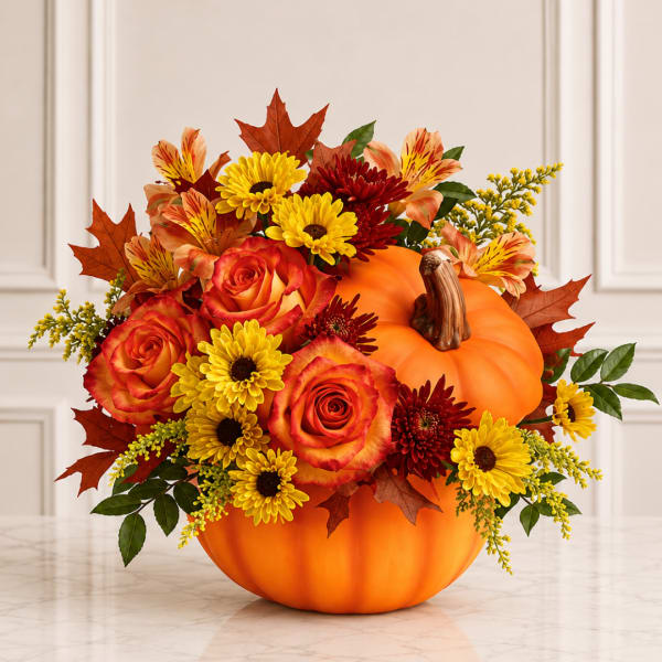 Autumn floral arrangement in a pumpkin container with roses and daisies