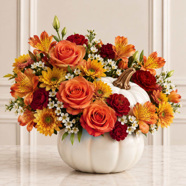 Orange and red floral arrangement in a white pumpkin vase