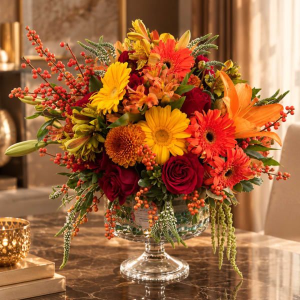 Colorful mixed bouquet in a glass pedestal vase with red, orange, and yellow blooms