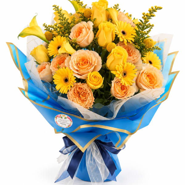Bouquet of yellow and peach roses with yellow daisies in blue wrap