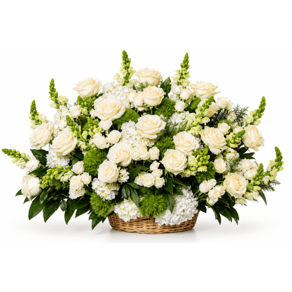Cream roses and white flowers arranged in a wicker basket