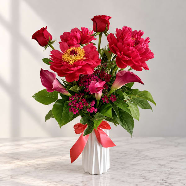 Red roses, pink blooms, and calla lilies in a white vase with a red ribbon