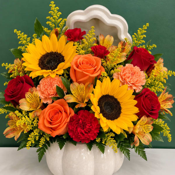 Bright mixed bouquet with sunflowers, roses, and carnations in a white vase
