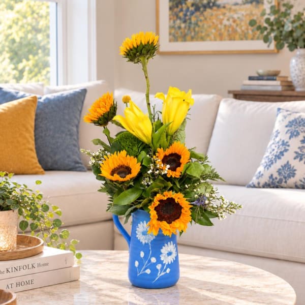 Sunflower and yellow lily arrangement in a blue painted pitcher