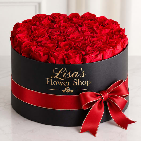 Round box filled with red roses and tied with a red ribbon