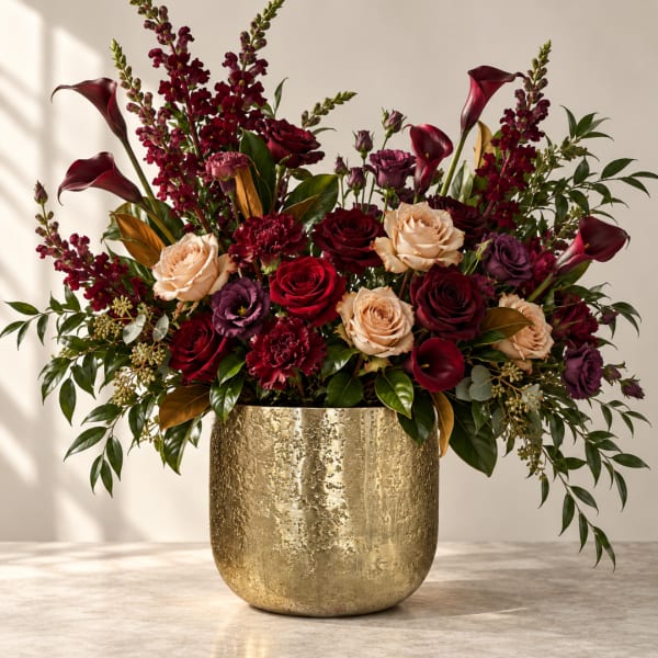 Mixed burgundy and blush floral arrangement in a gold vase