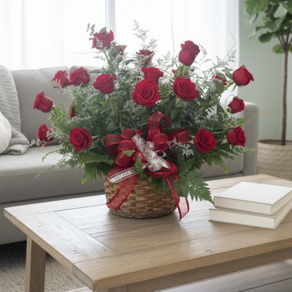Basket arrangement of red roses with ribbon on a coffee table