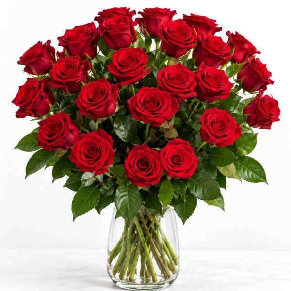 Bouquet of red roses in a clear glass vase