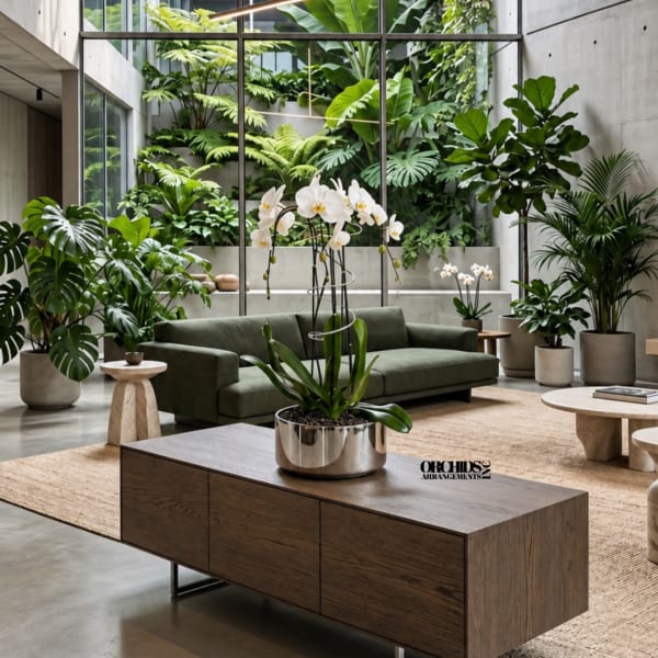 White orchids in a silver pot on a wooden table in a plant-filled room
