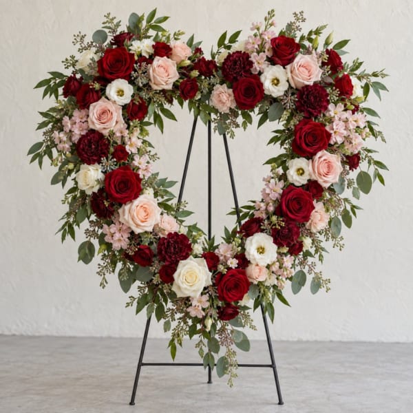 Heart-shaped floral wreath on a black stand with red, pink, and white roses