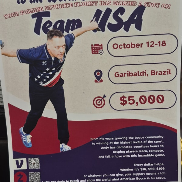 Poster of a bocce player with event details and donation amount.