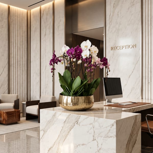 Orchid arrangement in a gold bowl on a marble reception desk