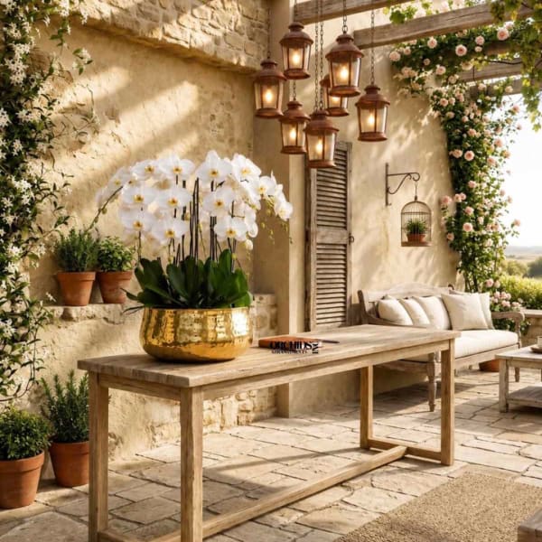 White orchids in a gold bowl on a wooden table in a patio setting