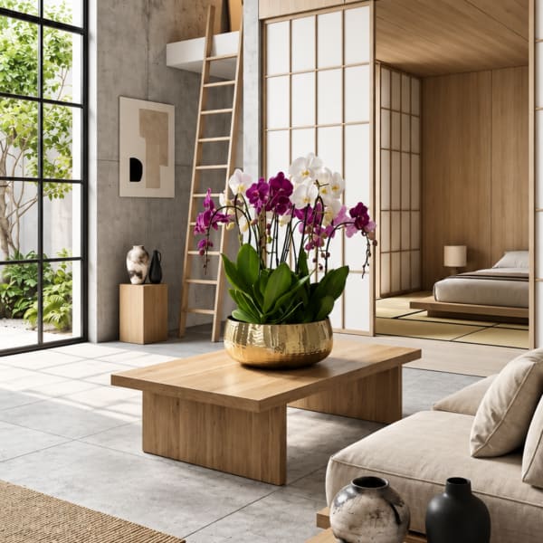 Orchid arrangement in a gold bowl on a wooden table