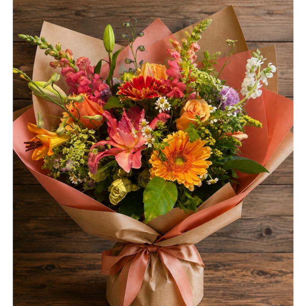 Mixed bouquet of colorful flowers wrapped in brown paper with a ribbon