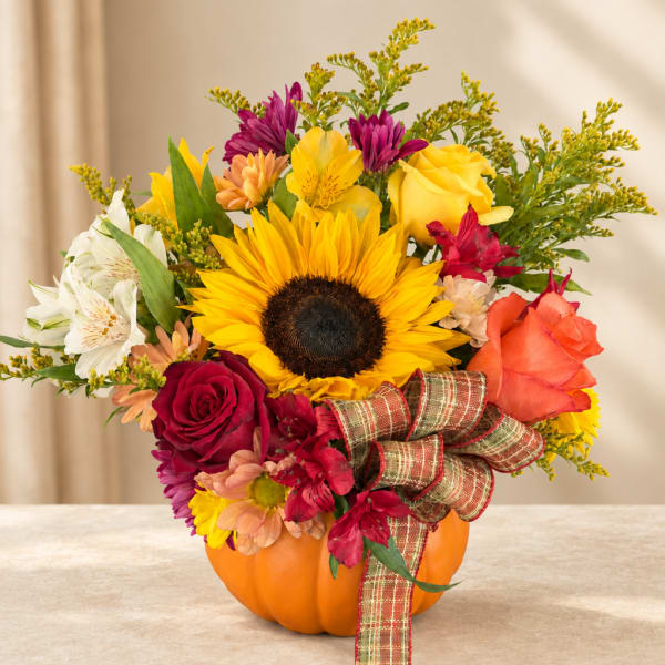 Mixed bouquet in a pumpkin container with a plaid ribbon