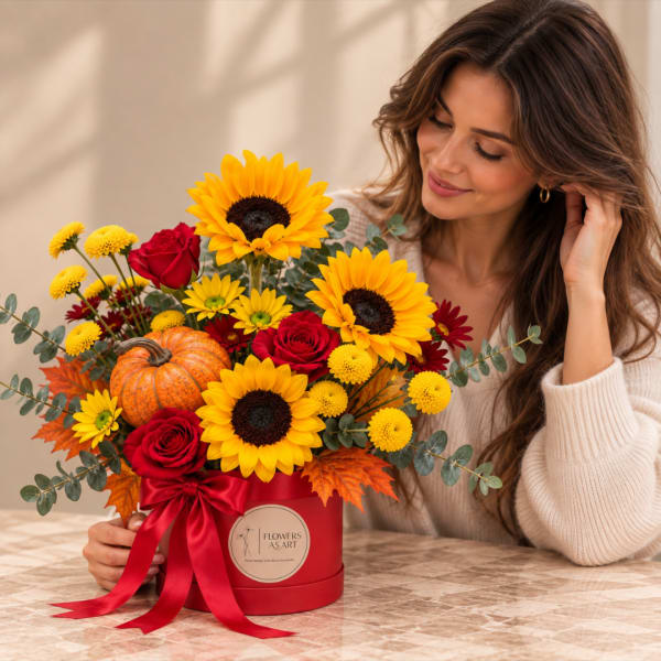 Sunflower and rose arrangement in a red hat box with a pumpkin