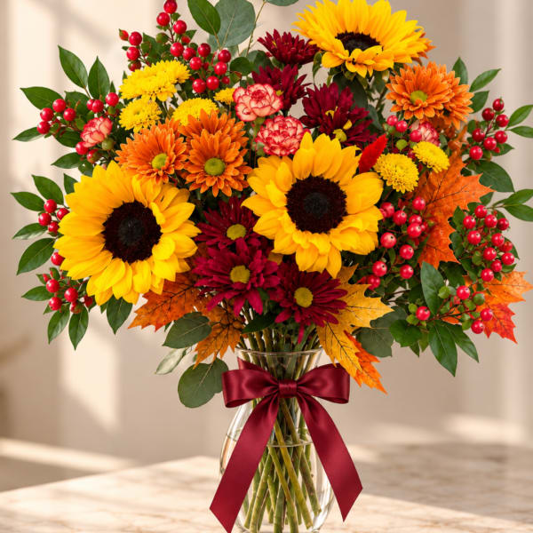 Sunflower and chrysanthemum bouquet in a glass vase with a burgundy ribbon