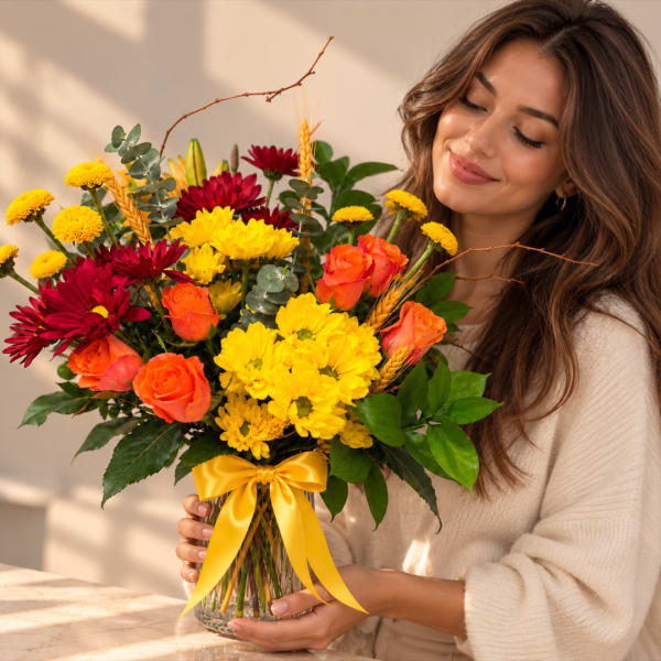 Woman holding a colorful bouquet in a glass vase with a yellow ribbon