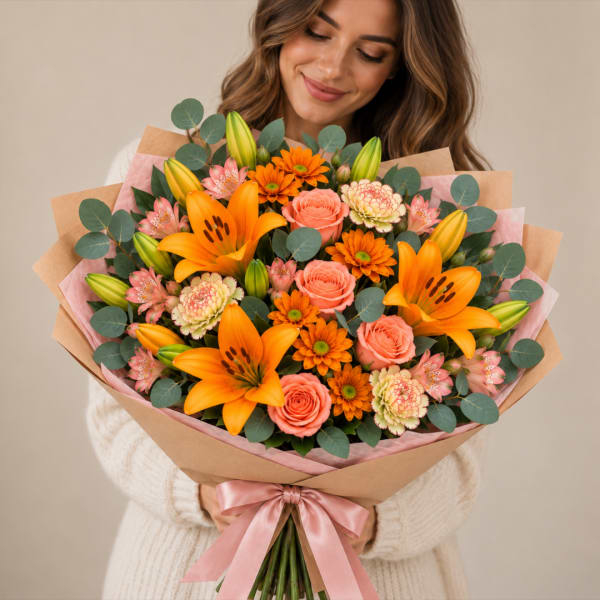 Woman holding a bouquet of orange lilies and pink roses wrapped in paper