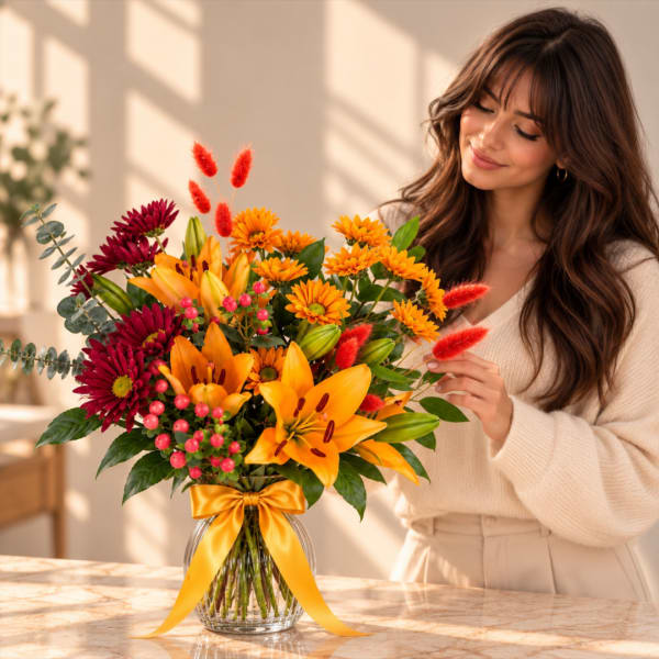 Bouquet of lilies and daisies in a glass vase with a yellow ribbon