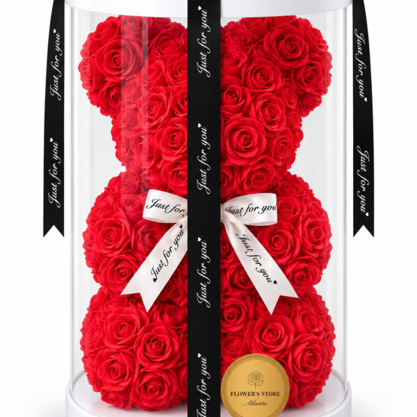 Red rose teddy bear in a clear display box with black and white ribbons