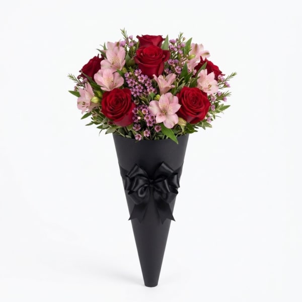 Red roses and pink flowers in a black cone wrap with a ribbon