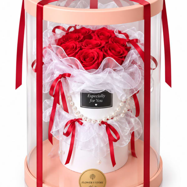 Red roses arranged in a white gift box with ribbons and a clear dome cover.