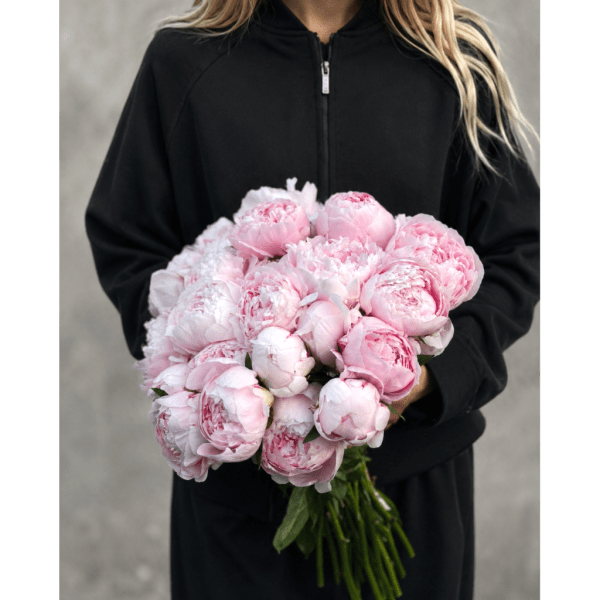 Person holding a bouquet of pale pink peonies
