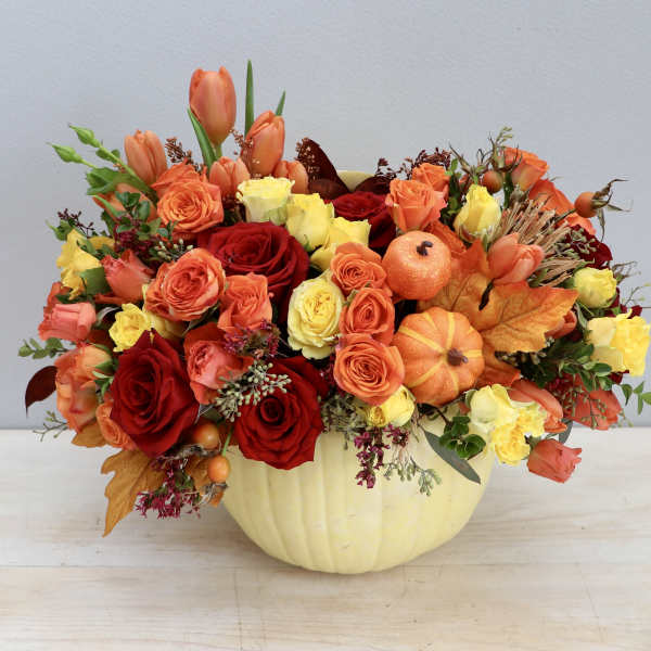 Fall arrangement of orange and yellow roses and tulips with mini pumpkins in a white pumpkin container