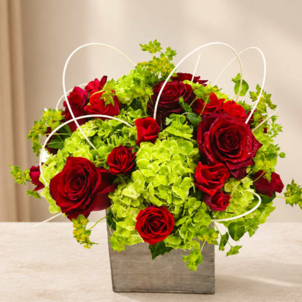 Red roses and lime hydrangeas in a square gray container with white loops