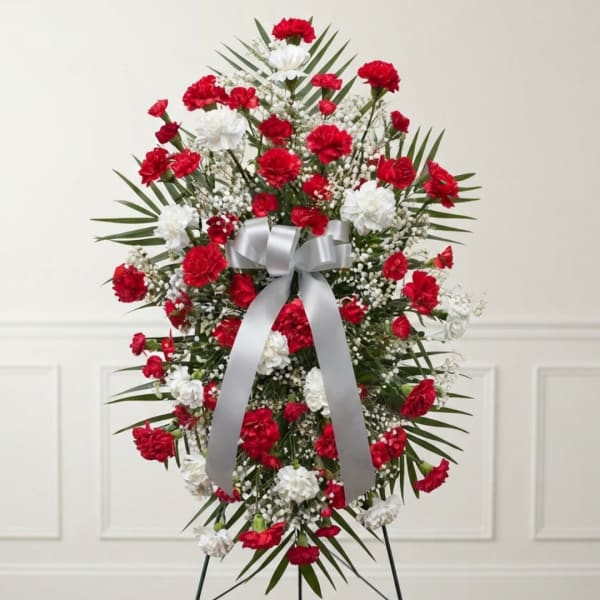 Standing wreath of red and white carnations with a silver ribbon