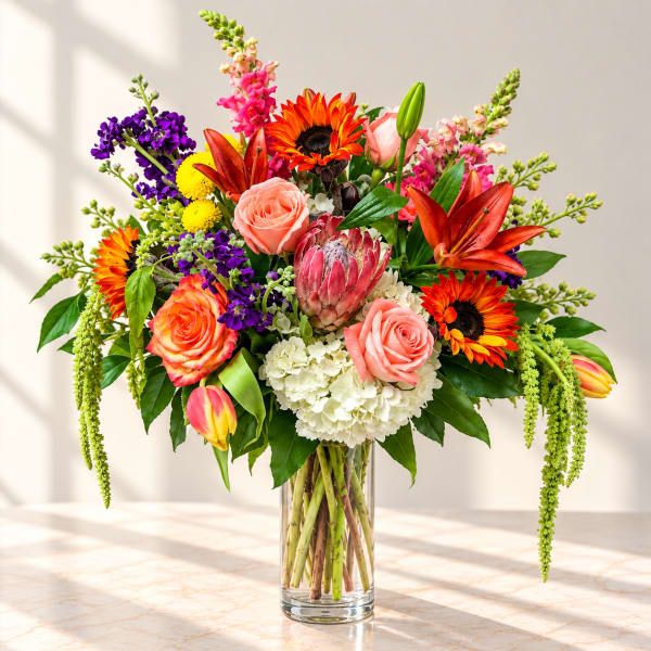 Colorful mixed bouquet in a clear glass vase with roses and lilies