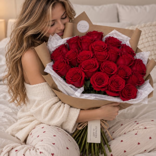 Woman holding a large bouquet of red roses wrapped in brown paper