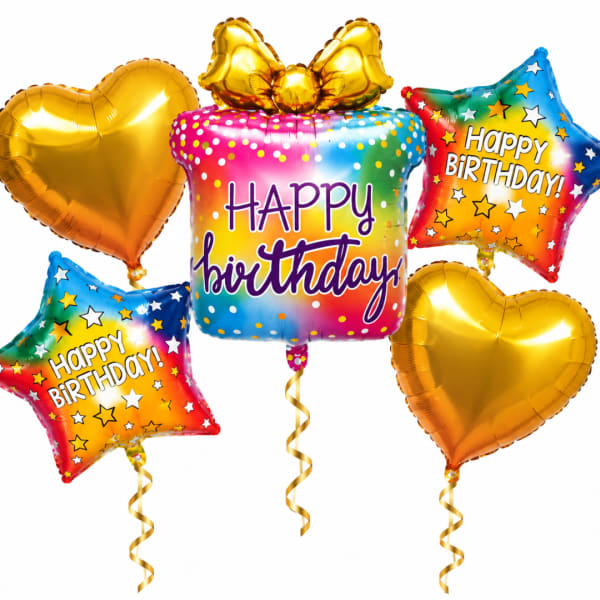 Cluster of birthday balloons in star, heart, and gift shapes